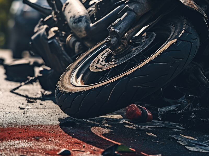 Umgestürztes Motorrad mit beschädigtem Vorderrad auf der Straße.